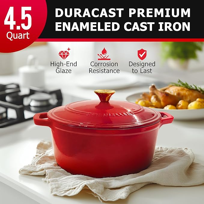 MUELLER HOME 4.5 QT Enameled Cast Iron Dutch Oven, Heavy-Duty Casserole Dish and Braiser Pan with Lid and Stainless Knob, Oven-Safe up to 500째 F & Across All Cooktops, Red