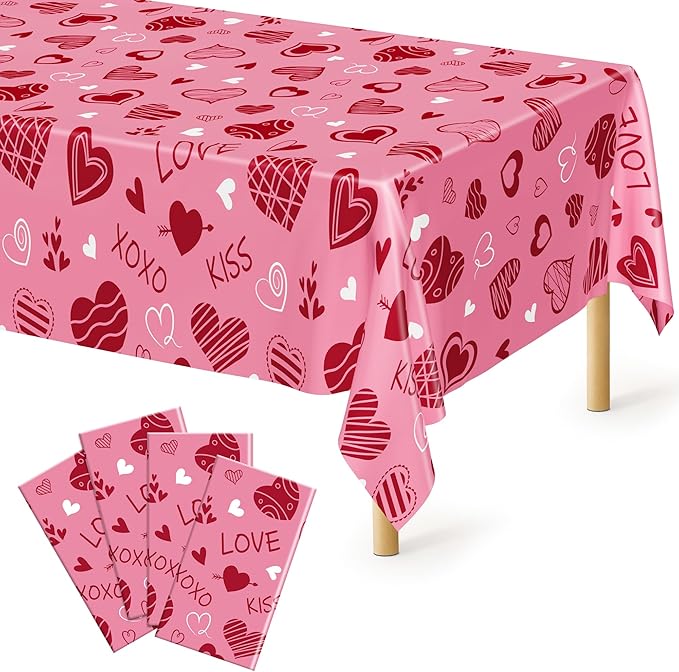 4 Pack Valentines Plastic Tablecloths, Disposable Valentines Party Favors, Romantic 54" X 108" Red Pink Table Cloth, Galentines Decorations Heart-shaped Love Tablecover for Wedding Happiness Decor