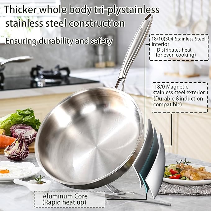 DELARLO Stainless Steel Pan 10.3Inch, Triply Stainless Steel Frying Pan with Lid, Heavy Duty, Compatible with Induction, Gas and Electric up to 650?? Fast & Even Heating, Dishwasher, Oven Safe Skillet