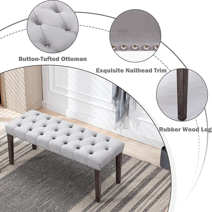 KCC Button-Tufted Ottoman Bench, Upholstered Bedroom Benches Velvet Footrest Stool Accent Bench for Entryway Dining Room Living Room Bedroom End of Bed, Gray