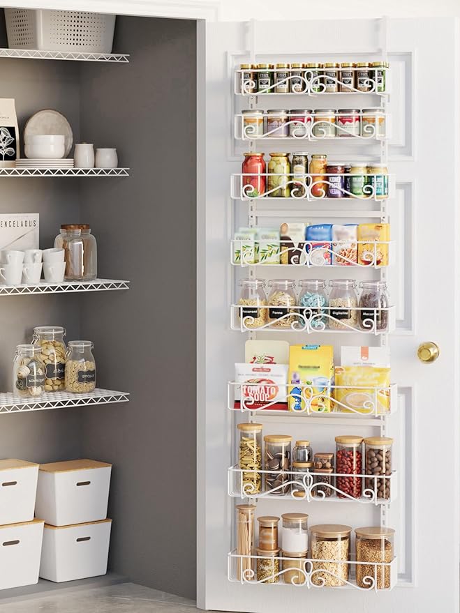 Over the Door Pantry Organizer - 8-Tier Adjustable Pantry Organization And Storage, Metal Hanging Door Spice Rack for Kitchen Pantry Organizers竊똚hite
