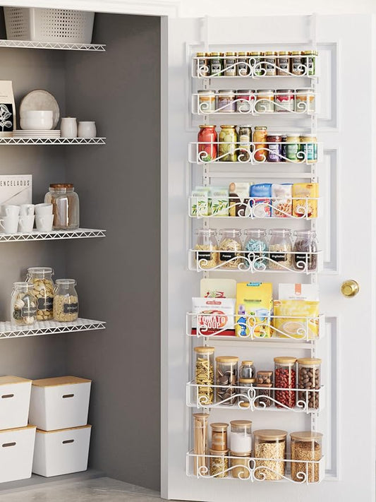 Over the Door Pantry Organizer - 8-Tier Adjustable Pantry Organization And Storage, Metal Hanging Door Spice Rack for Kitchen Pantry Organizers竊똚hite