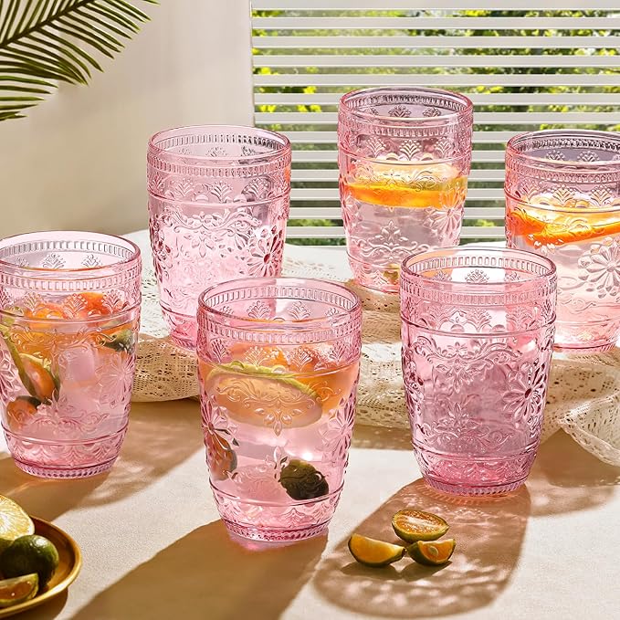 abrwyy Pink Glassware set of 6, Pink Drinking Glasses, Vintage Drinking Glasses, 14oz Colored Old Fashioned Glass Cups, Highball Glasses Set for Home Party Wedding