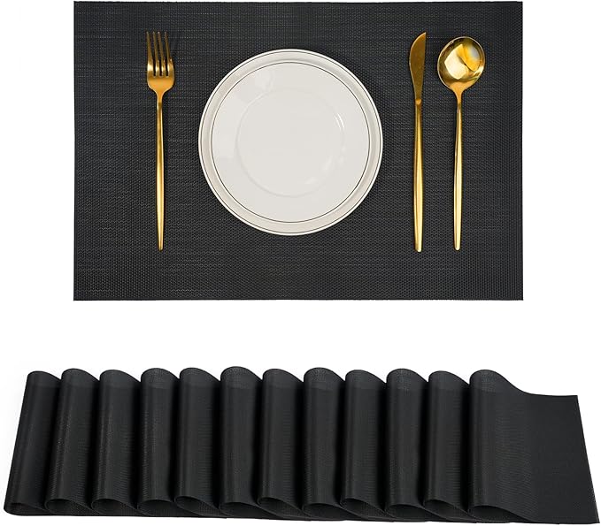 flohar Placemats Set of 12竊똍on-Slip PVC Weave Table Mats Easy to Clean竊똇eat Resistant Place Mats for Kitchen Dining Table Decoration Indoor Outdoor竊똁lack