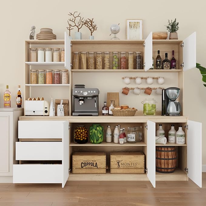 Large Kitchen Hutch Cabinet with Microwave Stand, Storage Cupboard Pantry with 3-Tier External Shelves and 3 Drawers, Ktichen Food Pantry with Open Countertop for Dining Room, White + Walnut
