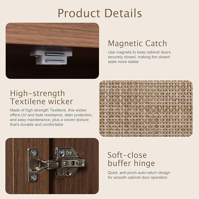 Yechen 67" Tall Kitchen Pantry Cabinet, Rattan Storage Cabinet with Solid Wood Integrated Handleand Adjustable Shelves, Cupboard with Doors for Livingroom,Dining Room, Dark Walnut