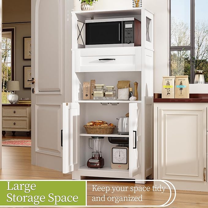 55" Tall Kitchen Pantry, Farmhouse Storage Cabinet with Doors, Shelves and Drawer, Rustic Wood Cupboard for Kitchen, Dining Room (White)