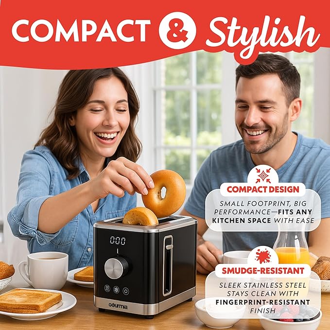 Gourmia 2 Slice Toaster ??6 Browning Levels with Bagel and Defrost Mode, One-Touch Toasting, Removable Crumb Tray, Extra Wide Slots, Compact Design, Black