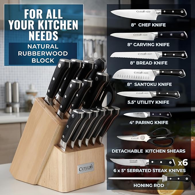 Cutluxe 15-Piece Knife Set ??Premium Rubberwood Wood Block ??Knife Set for Kitchen, Ultra Sharp High Carbon German Stainless Steel, Full Tang ??Artisan Series