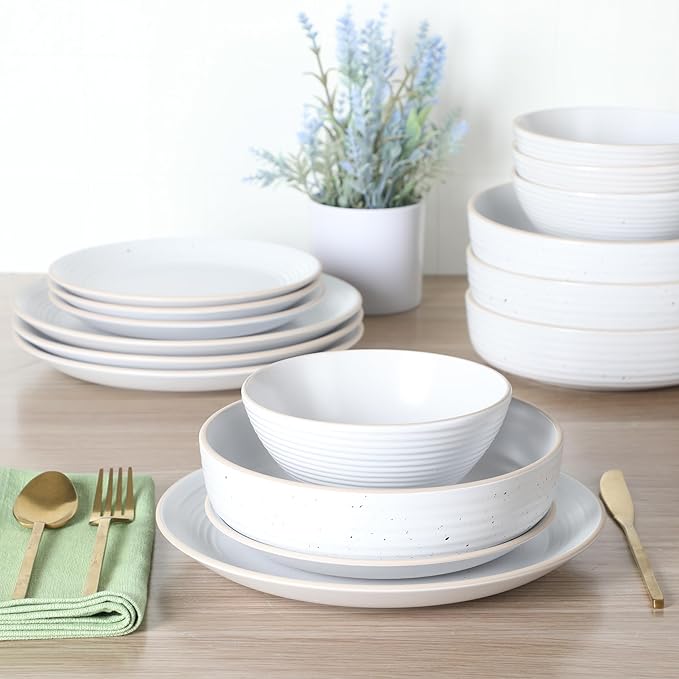 Gibson Home Dinah 16-Piece Matte White Stoneware Dinnerware Set ??Double Bowl, Embossed Speckled Design, Durable Kitchen Dinnerware