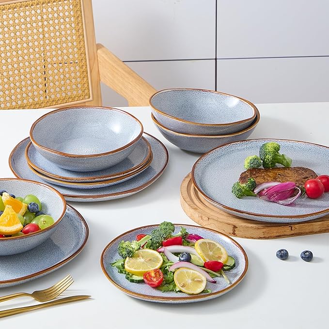 Bestone 12 Pieces Round Kitchen Dinnerware Sets竊똏lates and Bowls Sets,Dishes, Plates, Bowls, Dish Set, Chip Resistant Ceramic Dinnerware Set, Dishwasher/Microwave Safe,Service for 4,Reactive Blue