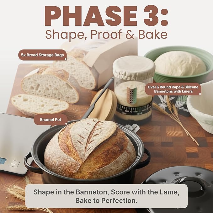 Super Deluxe All-Inclusive ?뿣?뿥?뿕?뿞?뿙?뿨?뿞 Sourdough Starter Kit with Pot. Sourdough Bread Baking Supplies, Scale, Oval & Round Baking Slings, 4 proofing Baskets, Bowl, Timer, Beginner Guide & Recipes