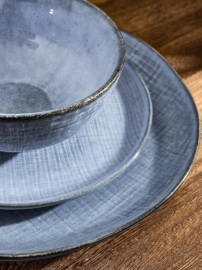Famiware Moonlight Plates and Bowls Sets, 24 Pieces Stoneware Dinnerware Sets with Linen Finish, Handmade Dishware Set for 8, Microwave and Dishwasher Safe, Chip and Scratch Resistant, Blue