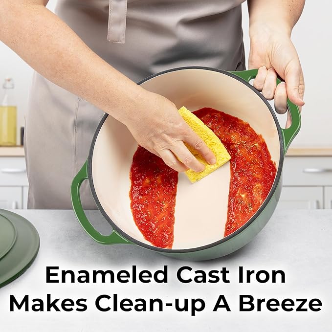 Zulay Kitchen 7.7 Quart Enameled Cast Iron Dutch Oven Pot with Lid ??Premium Durability & Oven Safe up to 500째F ??Heavy Duty Cookware Perfect for Bread Baking, Stews, Braising & Roasting ??Green