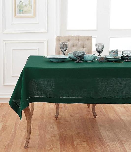 Solino Home Rainforest Green Linen Tablecloth 60 x 108 Inch - Classic Hemstitch, 100% Pure Linen Rectangular Tablecloth - Machine Washable Table Cloth for Winter, St Patricks Day
