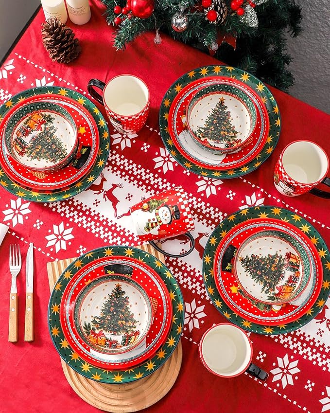 Hasense Dinnerware Set of 4, Ceramic Holiday Plates and Bowls Sets with Mugs, 16 Pieces Chip & Scratch Resistant Party Serving Dishes for New Year Gift, Microwave and Dishwasher Safe