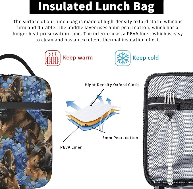 VANZEV Insulated Lunch Box for Women Men, German Shepherd Dog Floral Lunch Box Reusable Portable Lunch Bag Cooler Tote Waterproof Lunch Container for Office Picnic Work Travel Hiking