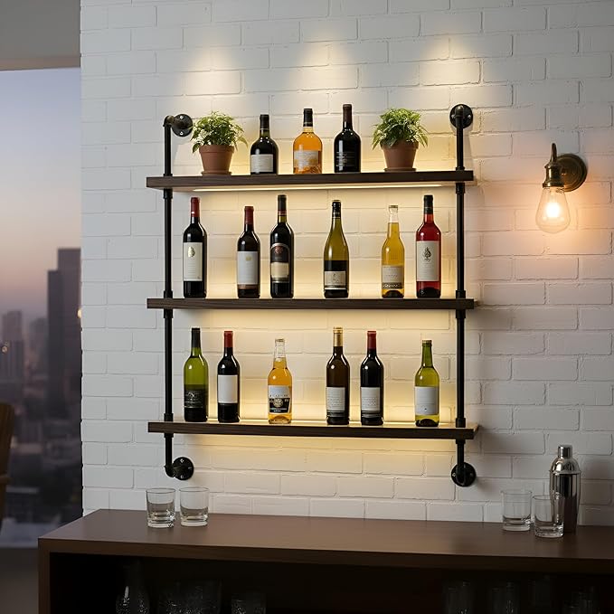 39.5-inch Modern Wall-Mounted Wine Rack with LED Lights, 3-Tier Liquor Bottle Display Bar Shelves, Industrial Wine Rack Floating Shelf, Multifunctional Wine Storage Rack for Home, Kitchen or Bar Decor
