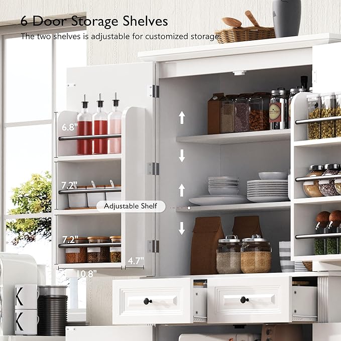 Ball & Cast 71?쿟all Farmhouse Kitchen Pantry Cabinet with 3 Pull Out Shelves & 2 Large Drawers,Versatile Pantryl Storage Cabinet w/ 6 Door Shelf & Adjustable Shelves for Kitchen,Dining Room,White