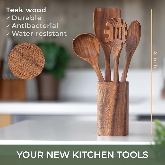 WALDWERK Wooden Spoons for Cooking ??4-Piece Kitchen Utensils Set with Teak Wood Spoons, Spatula, Pasta Server & Holder ??Wooden Utensil Set ??Cooking Utensils ??Utensil Sets - Non Toxic