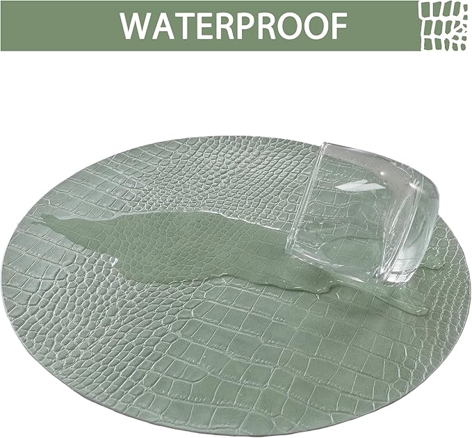 Jovono Round Leather Placemats for Round Tables Set of 6, Green Place Mats and Coasters, Wipeable Waterproof Heat Resistant Table Mats Easy to Care for Indoor Decor 14 inch Diameter