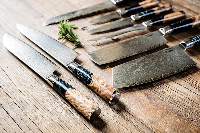 Epicurean Cook 8-Piece Damascus Knife Set with Japanese VG10 Steel Core - Ultra Sharp Kitchen Knives with 67 Layers of Damascus Steel - Burl Wood Black Resin Handles