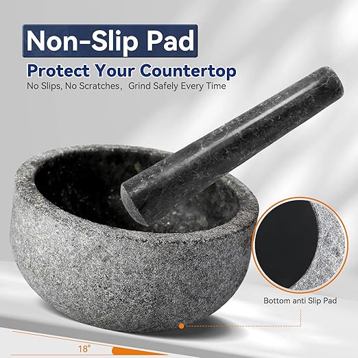 Koville Granite Mortar and Pestle Set, 7"-4 Cups Unpolished Stone Grinder Bowl for Guacamole, Salsa, Pill Crusher, Spice, Herb, Garlic, Nut, Heavy Duty Grinder for Kitchen(Angola Silver Black)