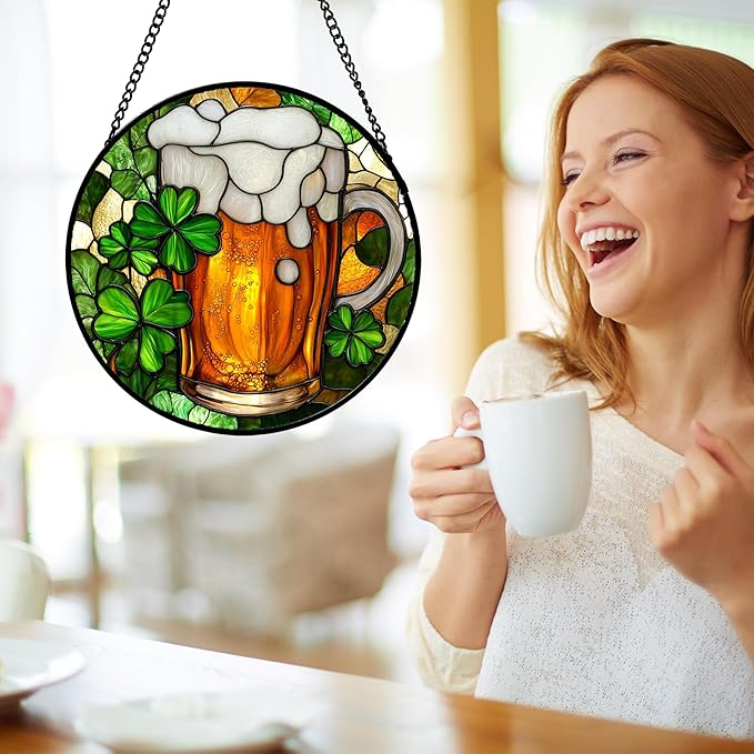 Stained Glass Window Hanging Green Clover Beer 9.8" - Suncatcher Door Garden Sun Catcher Ireland Decor Birthday Mother's St. Ripack's Day Gift for Woman Mom Men Friend Nana Wife Aunt