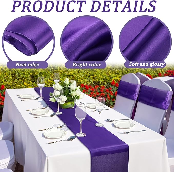 Bencailor 24 Pcs Purple Satin Table Runner Bulk 12 x 108 Inches Long Table Runners Bright Smooth Fabric Tablecloth for Wedding Banquet Birthday Valentines St Patrick's Day Party Decorations