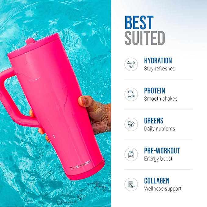 Ice Shaker 40 oz Tumbler with Handle and Straw | 40oz Neon Pink | Cold for 30+ Hours | 2-in-1 Tumbler Shaker Bottle | Odor-Free 40 ounce Bottle for Water, Protein Shakes, Smoothies, Cocktails