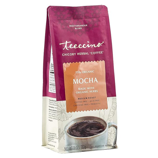 Teeccino Mocha Chicory Coffee Alternative - 11 Ounce - Ground Herbal Coffee That?™s Prebiotic, Caffeine-Free & Acid Free, Medium Roast