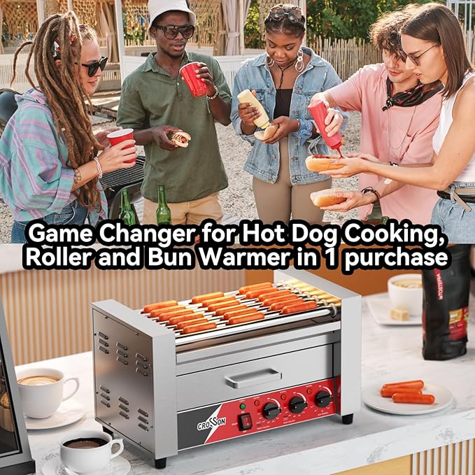 CROSSON Hot Dog 7 Roller with Bun Warmer,Commercial 7 Nonstick 304 Roller Grill Cooker Machine-120V, 1350W