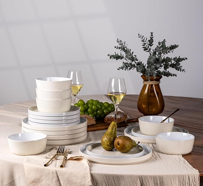 AmorArc Ceramic Dinnerware Set | Stoneware Plates and Bowls | Scratch Resistant,Dishwasher & Microwave Safe Dishes Sets-Beige3