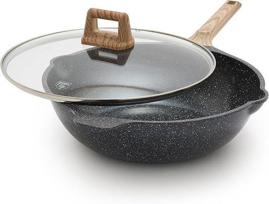 GreenLife Nonstick 12??(5QT) All in One Deep Skillet Wok with Lid, PFAS-Free Non-Toxic Ceramic Multi-Purpose Pan, Induction, All Stovetop, Egg, Stir Fry, Saute, Stay Cool Handle, Granite Black