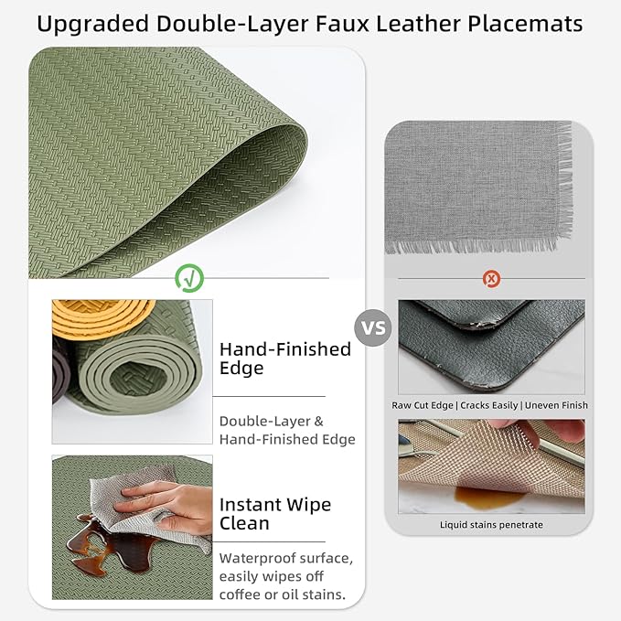 PROMATTOO Round Faux Leather Placemats Set of 6 – 13 Inch Vinyl Mats, Heat Resistant, Non Slip, Wipeable & Washable, Easy to Clean Dining Table Decor for Kitchen & Holiday Gatherings（Olive Green）