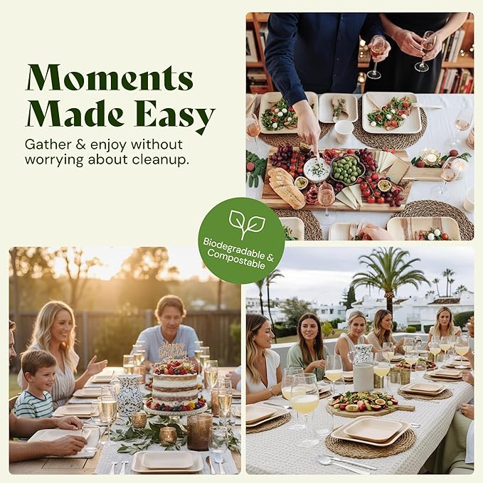Chic Leaf Palm Leaf Plates 8 Inch - Disposable Bamboo Style Square Dinnerware for Winter Events & Indoor Parties - Heavy Duty, Compostable Serving Dish for Appetizers & Desser