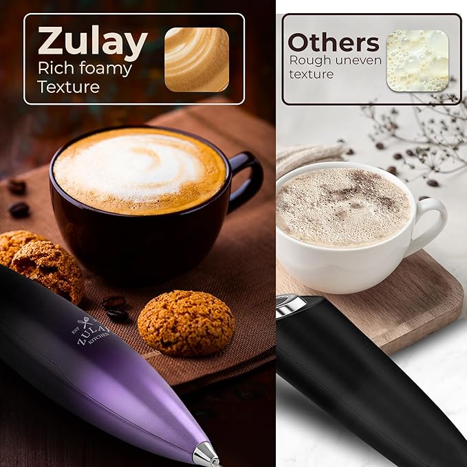 Zulay Kitchen Patented Tornado Triple Whisk Milk Frother with 4 Duracell Batteries ??Handheld Foam Maker for Coffee, Lattes, Matcha & Hot Chocolate ??Rich, Creamy Froth in Seconds