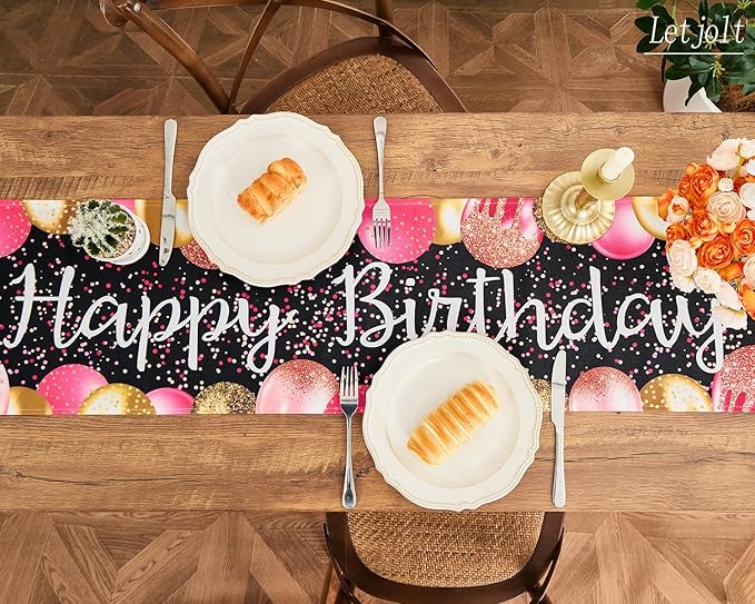 Letjolt Golden Rose Pink Balloon Happy Birthday Table Runner 72 Inches Celebrate Birthday Party Table Decor