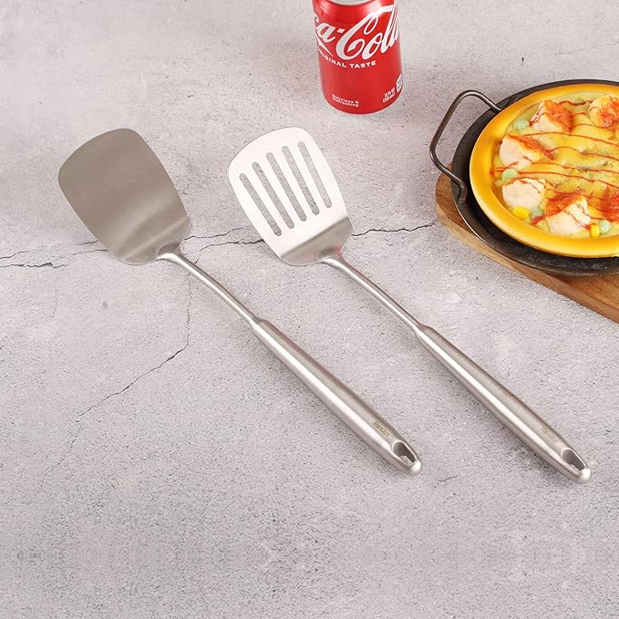 18/10 Stainless Steel Spatulas Set - All Metal Spatulas for Kitchen Use or Outdoor Grilling, 14.7??Long, Non Toxic, Heavy Duty, Commercial, Chef Grade - 1 Slotted Spatula + 1 Solid Turner for Cooking