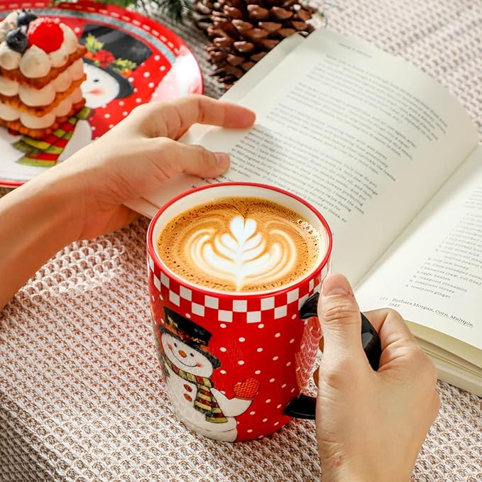 HASENSE Coffee Mugs, 15 OZ Coffee Cups Ceramic Set of 4 with Handle and Snowman Patterns for Man Woman, Colorful Christmas Porcelain Coffee Cups Set for Tea, Cocoa, Milk, Latte and Cappuccino