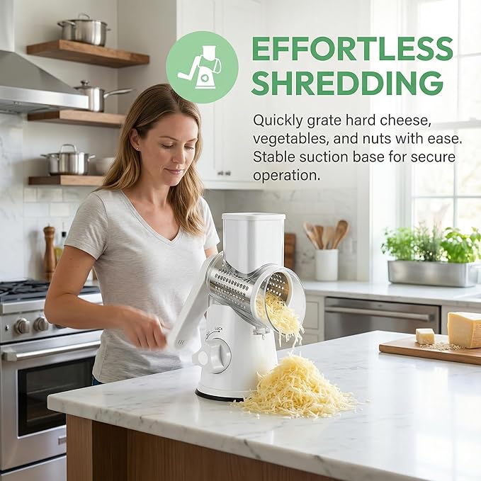Manual Multi-Function Vegetable Slicer & Grater ??Interchangeable Blades for Shredding, Slicing, Shaving (Vegetables, Cheese, Nuts) (1, White)