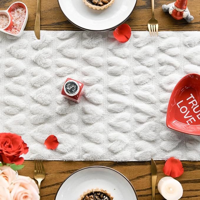 Artoid Mode White Soft Plush Faux Fur Jacquard Heart Valentine's Day Table Runner, Seasonal Kitchen Dining Table Decoration for Home Party Decor 13x48 Inch