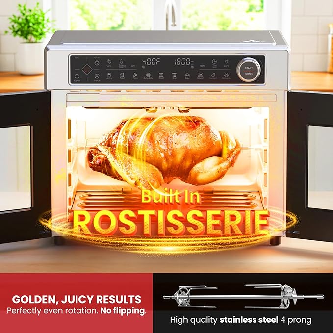 Magic Mill Ultra-Premium Dual-Zone Stainless Steel Air Fryer Toaster Oven Combo, Extra Large 32QT French Door Convection Oven with Next-Gen Patent Technology, 13 Accessories, Rotisserie, Sync Finish