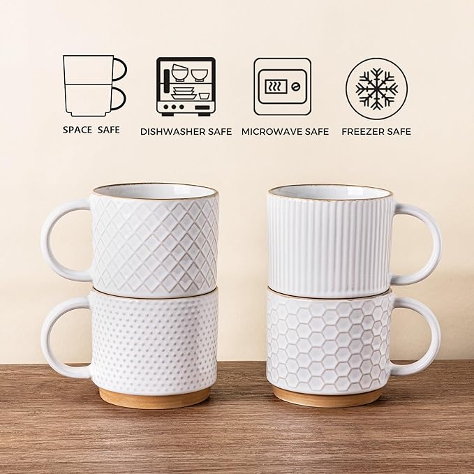 GBhome 8OZ Stackable Coffee Mugs, Ceramic Coffee Mugs with Texture Patterns for Man,Woman,Dad,Mom, Modern Coffee Cups Set of 4 for Espresso/Cappuccino. Dishwasher&Microwave Safe