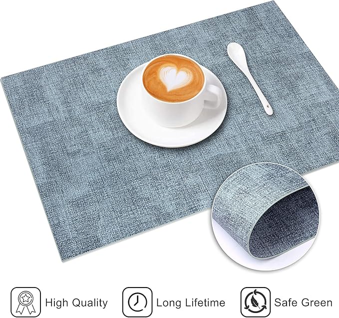LANDVIEW Leather Heat Resistant Placemats Set of 6 Waterproof Wipeable Washable PU Table Mats,Easy to Clean Anti-Slip Place Mats (Blue, 6)