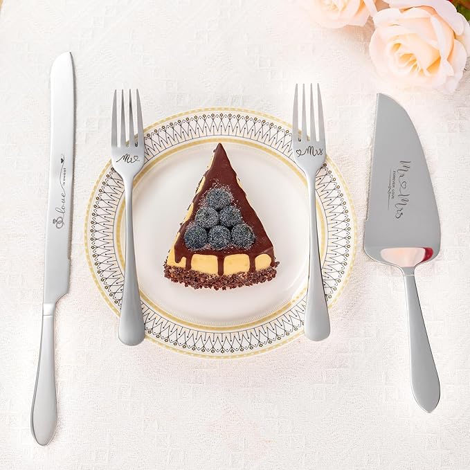Wedding Cake Knife and Server Set, Mr Mrs Forks and Cake Cutting Set for Wedding for Couples 2025 (Silver)