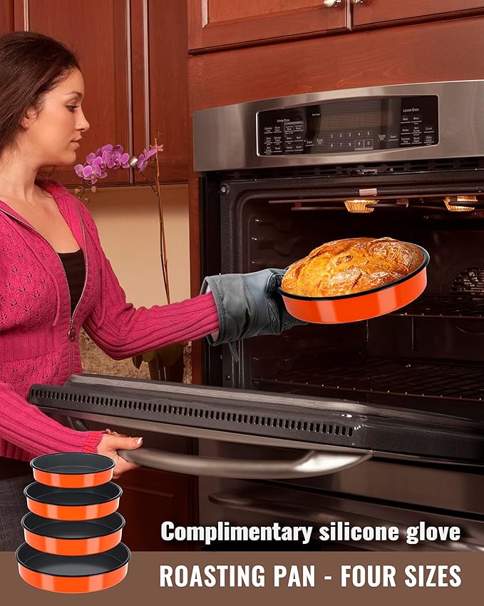 Round Roasting Pan Set Bakeware 4 Pack Baking Cake Pans Enamel Casserole Dish 9/10/12/14 Inch Non-Stick Chicken Roaster Oven Dishwasher Safe Mother's Christmas Gift Cookware (Orange)