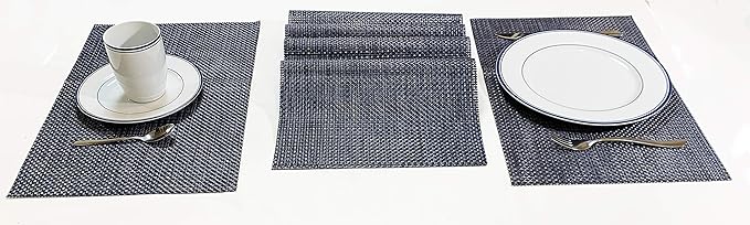 Jutemill Set of 12 Navy PVC Vinyl Woven Place mats, 12" x 18 inches Heat Insulation Stain Resistant Placemats for Dining Table Durable Cross Weave Woven Vinyl Kitchen Table Mats Placemat (Solid Navy)
