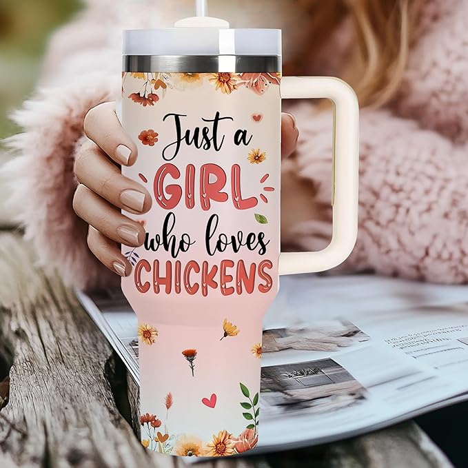 AGGLOMEKC Personalized Cute Chicken Cup - Mother's Day Birthday Gift For Animal Lovers - Just A Girl Who Loves Chicken Tumbler 40oz With Custom Name - Pet Lover Gifts For Women, Her