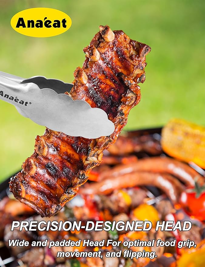 Anaeat 7" Mini Cooking Tong Stainless Steel - Sturdy Coiled Spring Locking Kitchen Food Tong with Non-Slip Silicone Grip for Serving, Cooking, Baking - Heat Resistant up to 480째F (Black)